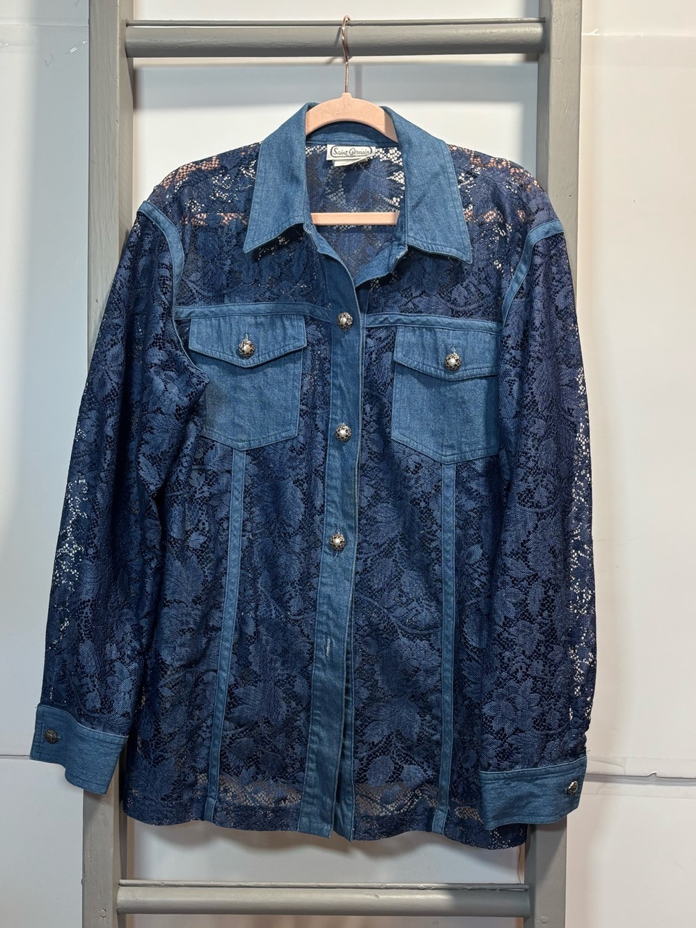 St Germain Paris M Lace/ Denim style Button-Up, 80s, vintage, sheer, denim, boho